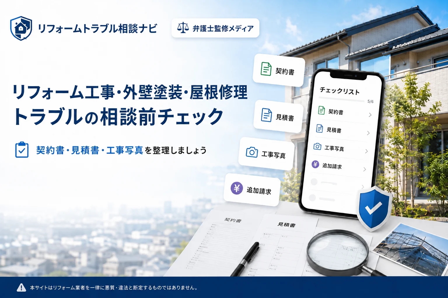 リフォームの契約書・見積書・工事写真を相談前に整理するイメージ